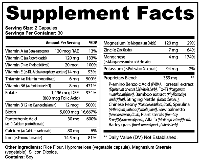 Roots & Radiance supplement facts panel