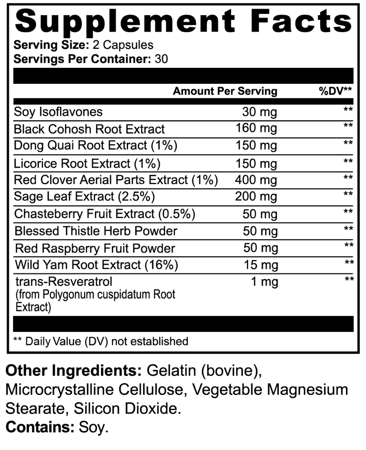 Women's Vitality Formula supplement facts panel