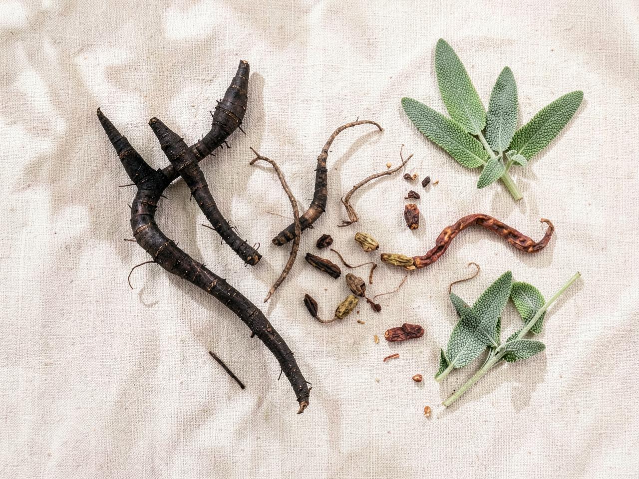 Black cohosh, ashwagandha and sage botanicals on linen